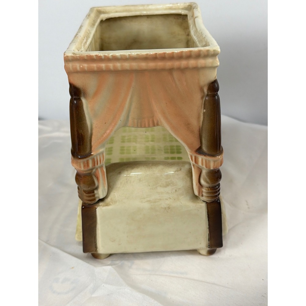 Vintage Shawnee USA Pottery Canopy Bed Planter Ceramic Green Peach Mid Century - Picture 5 of 6